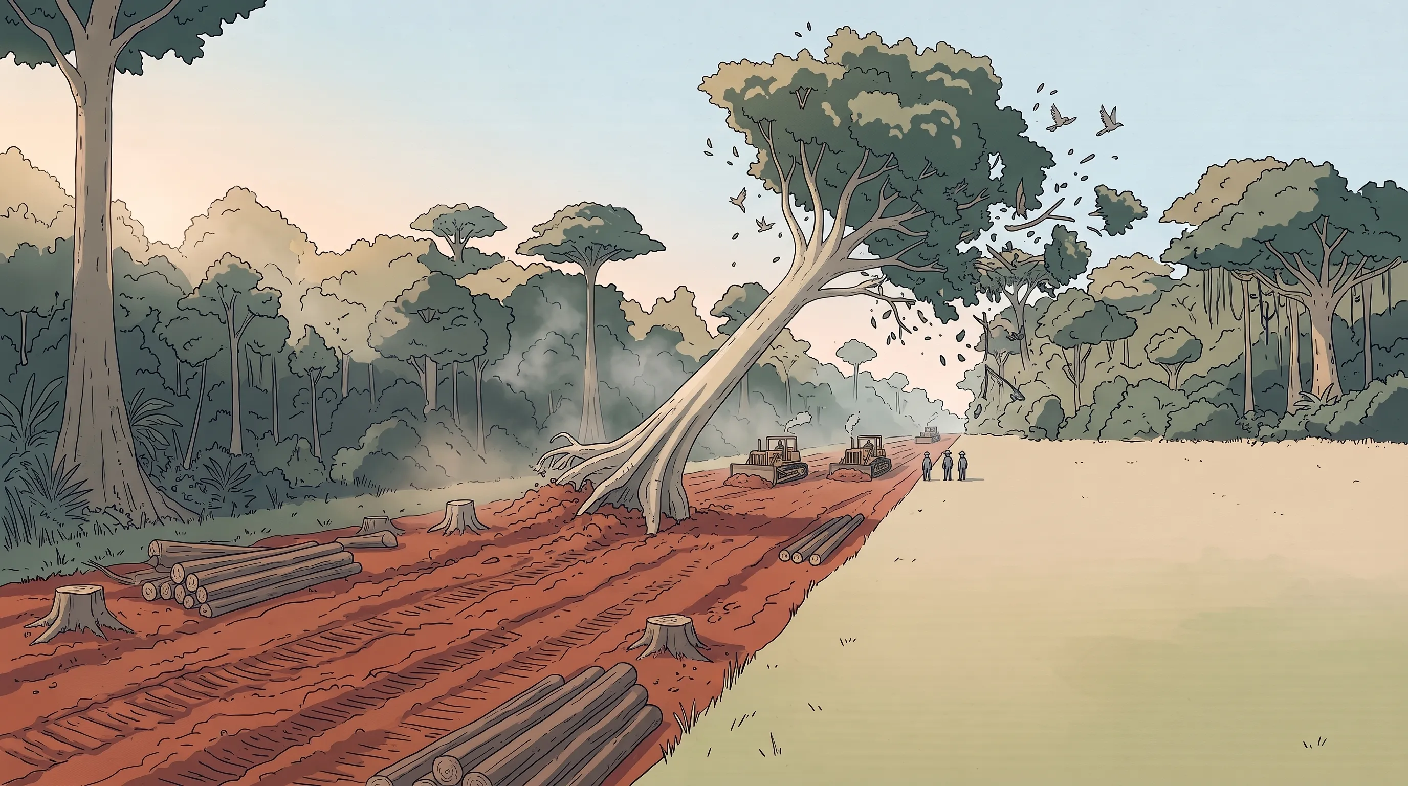 Ilustração de uma faixa de terra vermelha recém-aberta na floresta amazônica: uma árvore gigante tomba no meio do corredor, entre tocos e troncos empilhados, com tratores de esteira esperando ao longe.