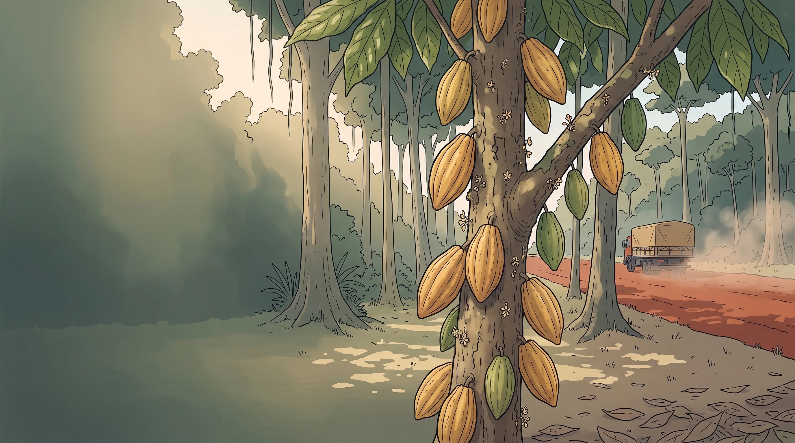 Ilustração de um cacaueiro com frutos amarelos presos direto no tronco, à sombra de árvores altas; ao fundo, entre os troncos, uma estrada de terra vermelha com um caminhão passando na poeira.