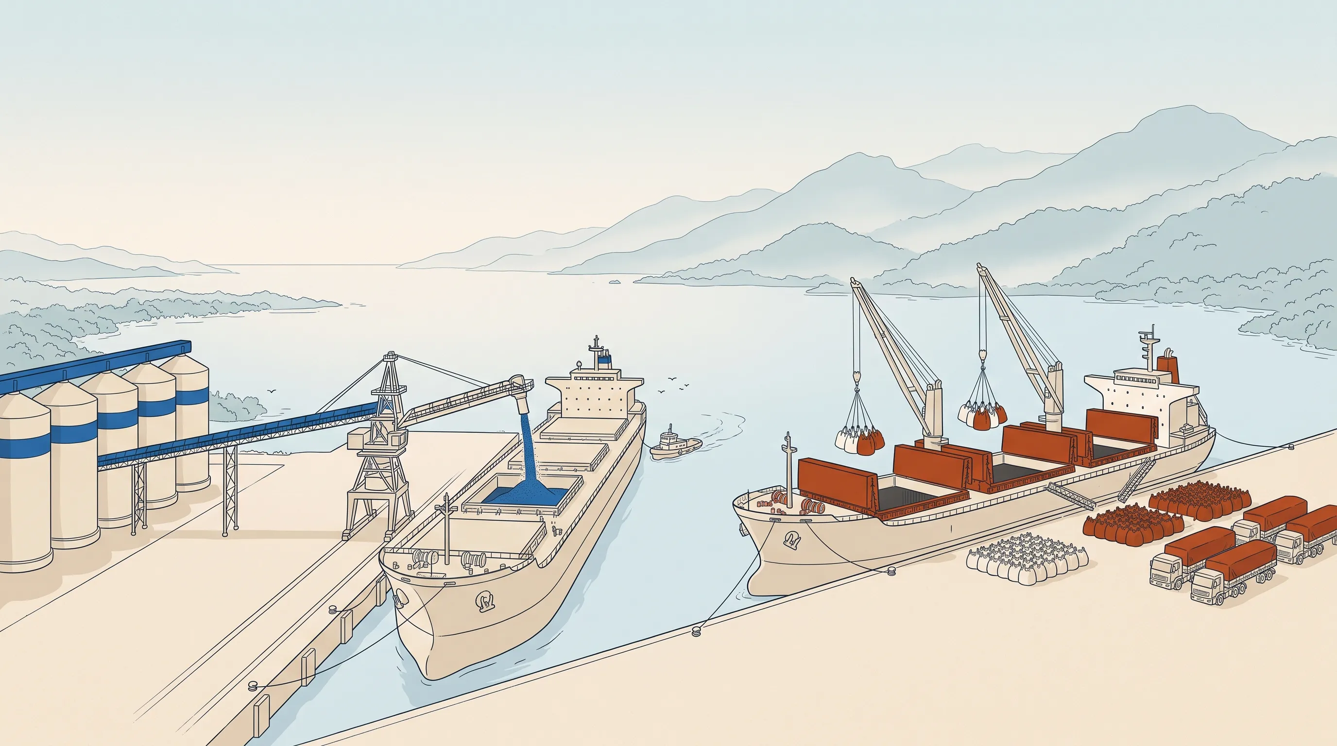 Ilustração do cais de Paranaguá ao amanhecer: à esquerda, silos e uma esteira despejam soja no porão de um navio; à direita, guindastes descarregam sacos de adubo de outro navio para caminhões.