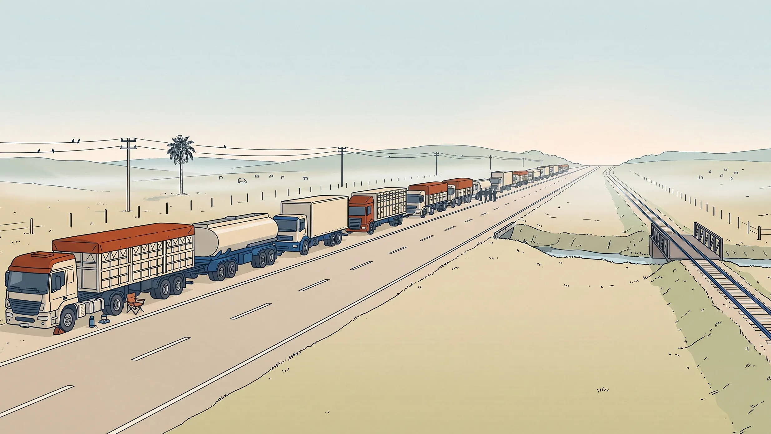 Ilustração de uma rodovia reta ao amanhecer: uma fila longa de caminhões parados no acostamento, com os motores desligados e as duas pistas vazias; ao lado, uma ferrovia antiga atravessa o pasto sem nenhum trem.