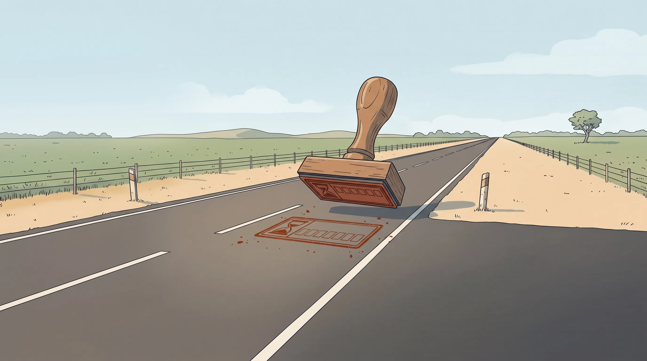 Ilustração de uma rodovia nova entre lavouras, com um carimbo gigante de cabo de madeira erguido sobre o asfalto e, embaixo dele, a marca em tinta terracota de um carimbo de validade com uma ampulheta.