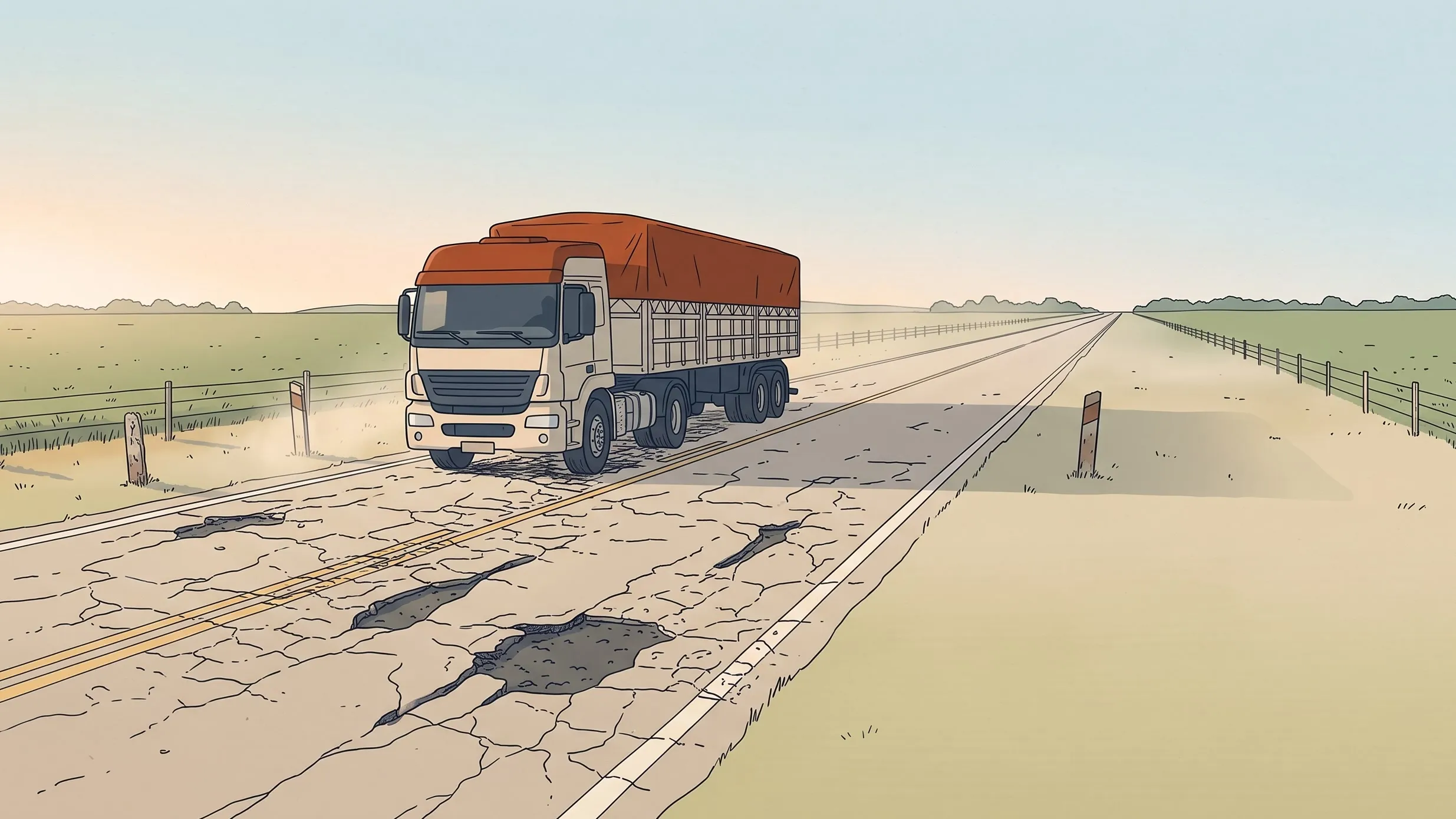 Ilustração de uma rodovia longa ao pôr do sol, com o asfalto rachado como um mapa, uma trilha funda de roda, buracos e remendos escuros; uma carreta de grãos com lona terracota vem pela pista.