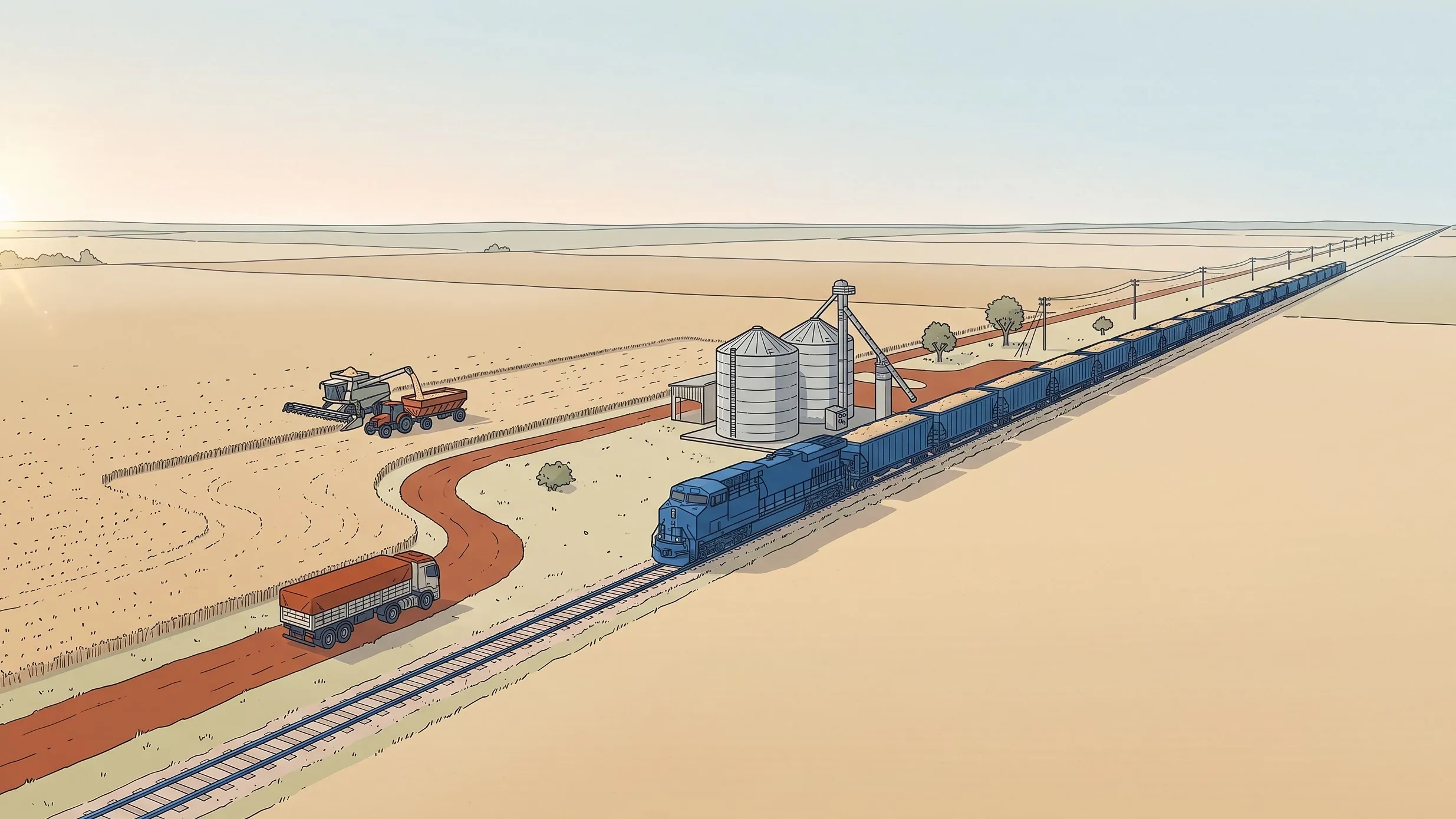 Ilustração de uma lavoura de soja colhida em Mato Grosso: uma carreta percorre uma estrada de terra curta até um pequeno terminal, onde espera um trem longo de vagões azuis que segue até o horizonte.