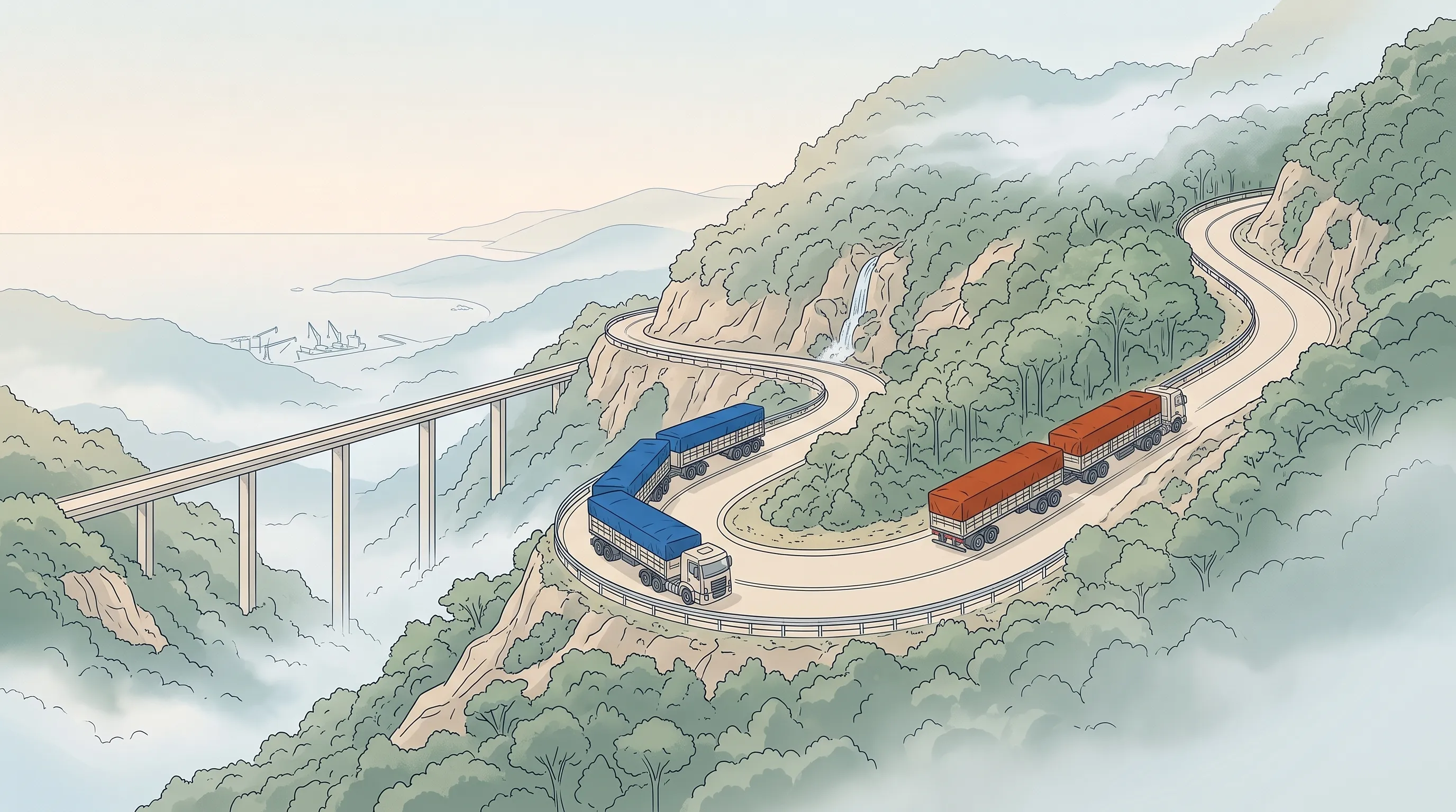 Ilustração de uma estrada em curvas na Serra do Mar, entre a mata e a neblina: uma carreta azul desce e uma carreta terracota sobe.