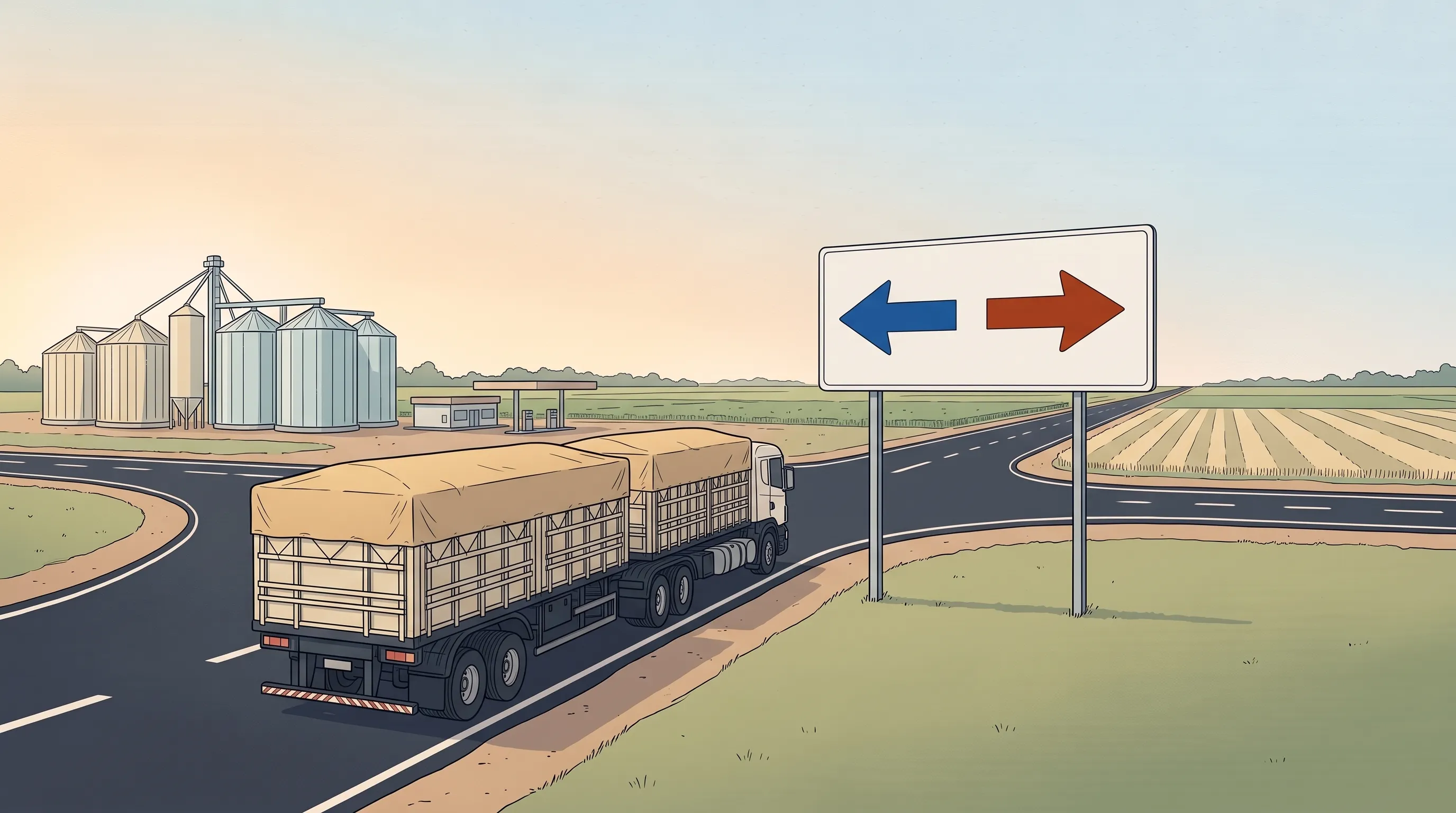 Ilustração de uma carreta graneleira carregada, vista por trás, parada antes de um trevo numa cidade agrícola de Mato Grosso: uma placa em branco tem só duas setas, a da esquerda em azul e a da direita em terracota; em volta, silos e lavouras planas.