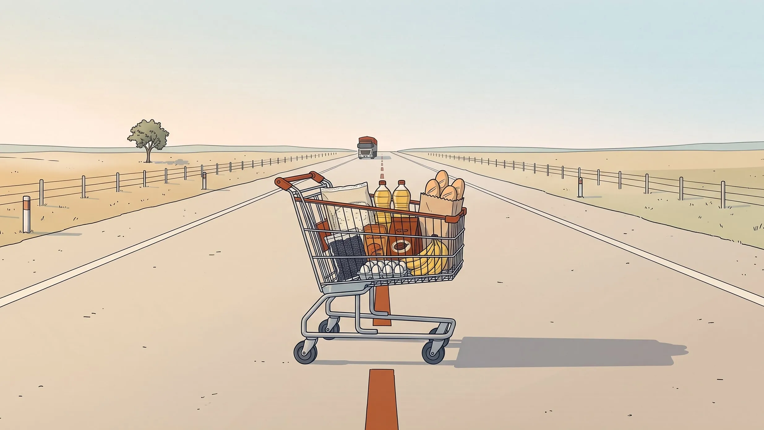 Ilustração de um carrinho de supermercado parado no meio de uma rodovia vazia, sobre a faixa pintada, com arroz, feijão, óleo, café, ovos e bananas; ao fundo, um caminhão graneleiro se aproxima.