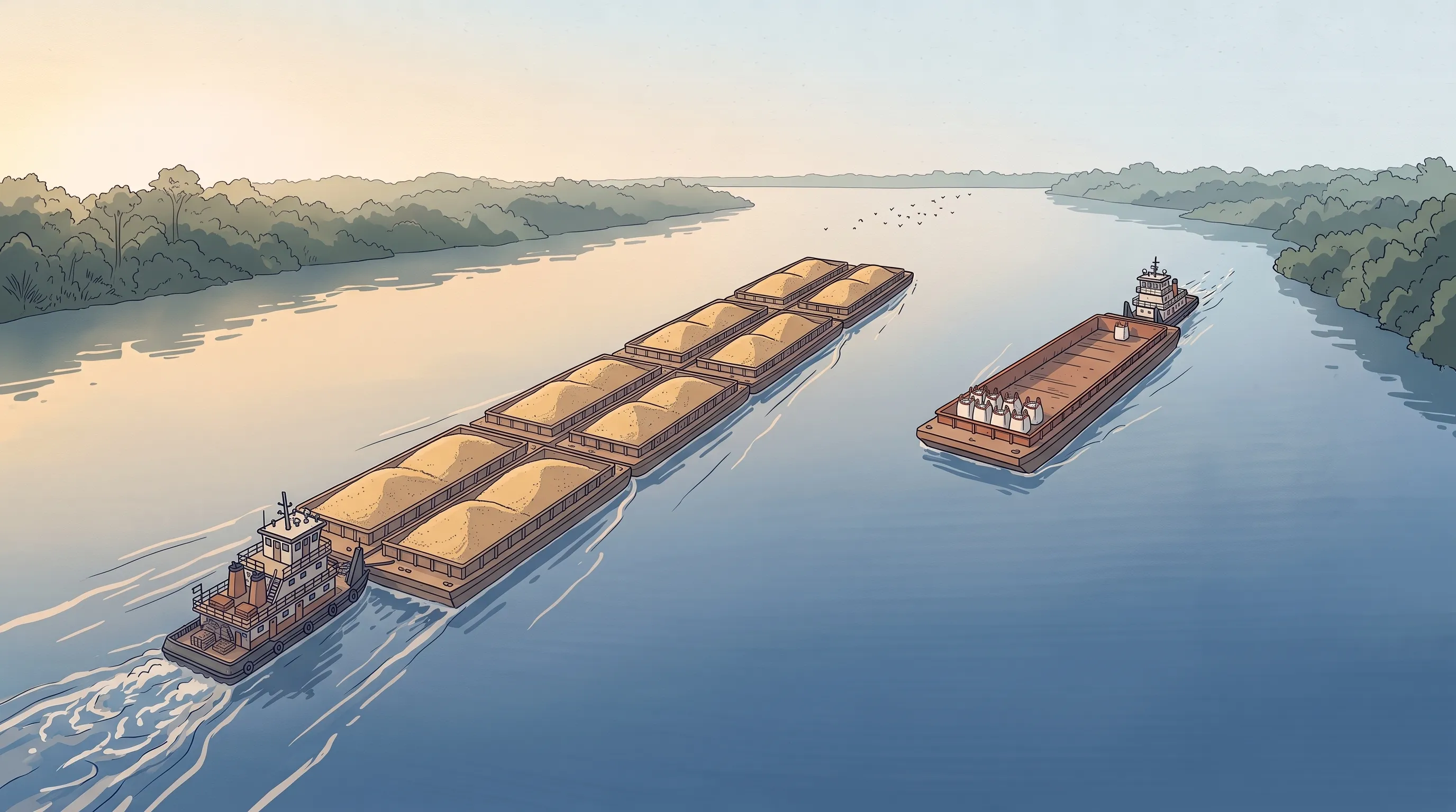Ilustração vista do alto de um rio largo da Amazônia: à esquerda, um empurrador leva rio abaixo um comboio enorme de barcaças cheias de soja; à direita, subindo, um barco pequeno empurra uma única barcaça quase vazia, com poucos sacos brancos de adubo de alças terracota.
