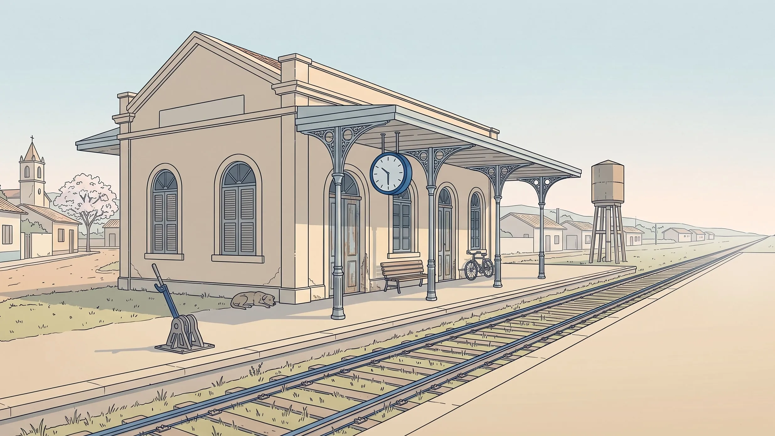 Ilustração de uma pequena estação de trem do interior, com a pintura descascada, o relógio parado sob a cobertura da plataforma e capim crescendo entre os dormentes.