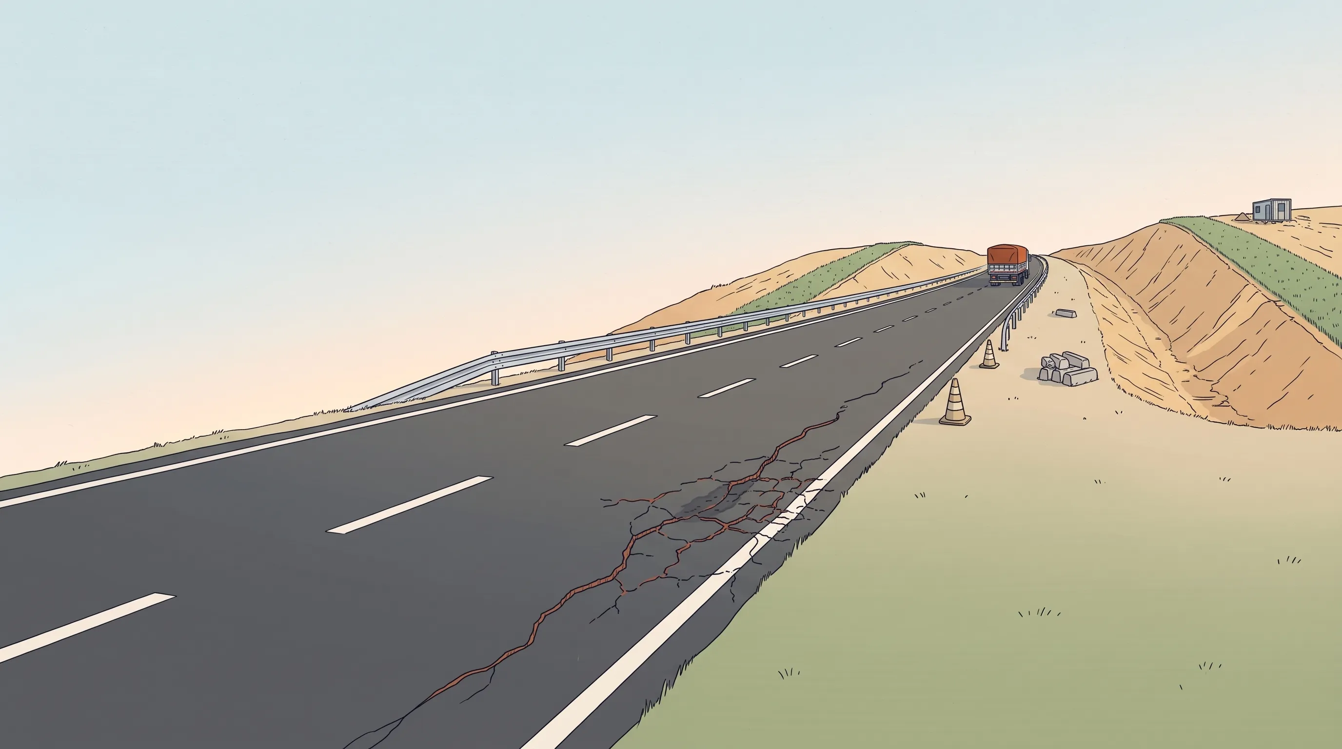 Ilustração de um trecho novo de rodovia, com asfalto escuro, faixas recém-pintadas e grama recém-plantada nos taludes; na pista da direita, trincas compridas e uma trilha afundada já aparecem onde passam as rodas.