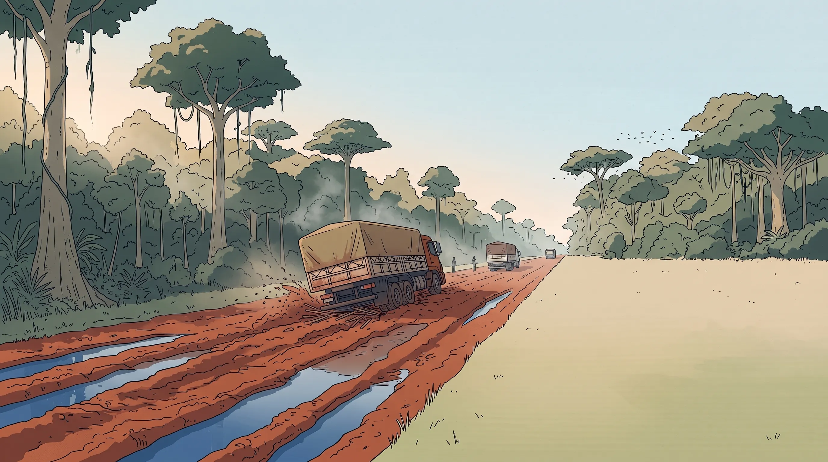 Ilustração de uma estrada de terra vermelha, reta, no meio da floresta amazônica depois da chuva: um caminhão carregado está atolado até o eixo e inclinado, com outros dois esperando atrás.