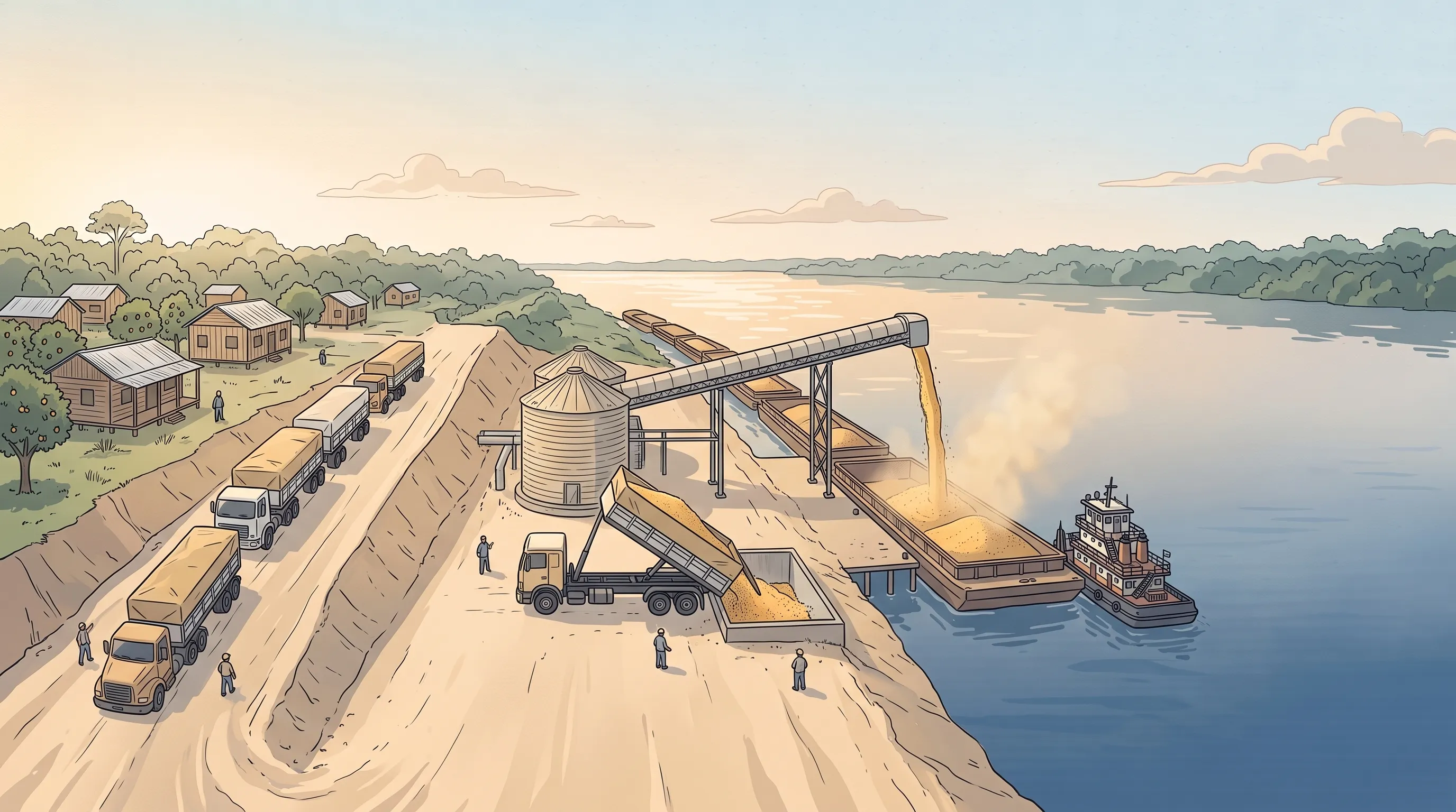 Ilustração de um terminal de grãos na margem de um rio largo da Amazônia, no fim da tarde: uma fila de carretas desce uma rampa de terra, a primeira despeja a soja num tombador e uma esteira coberta leva o grão até uma barcaça; à esquerda, casinhas de madeira de uma vila na encosta.