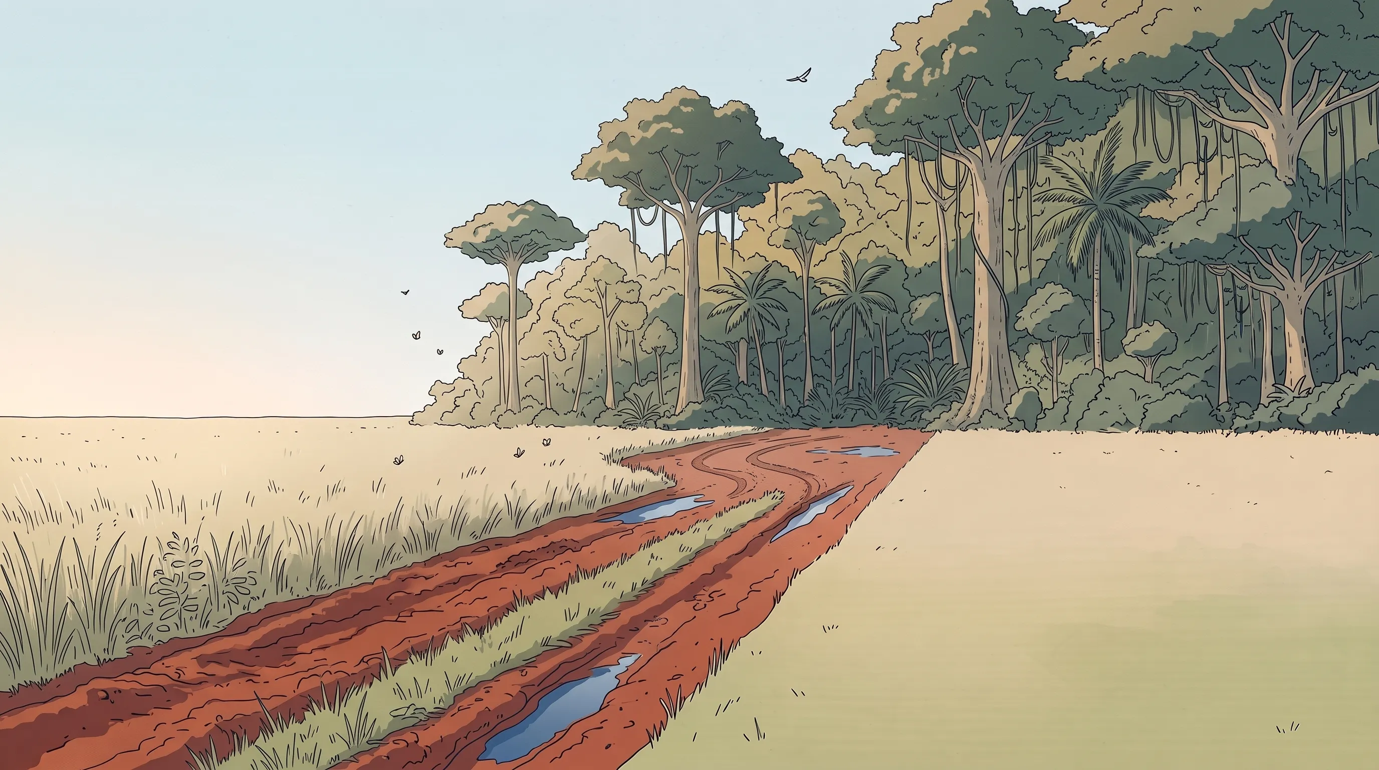 Ilustração de uma trilha de terra vermelha que bate numa parede fechada de floresta, com marcas de pneu fazendo a curva de volta e capim alto à esquerda.