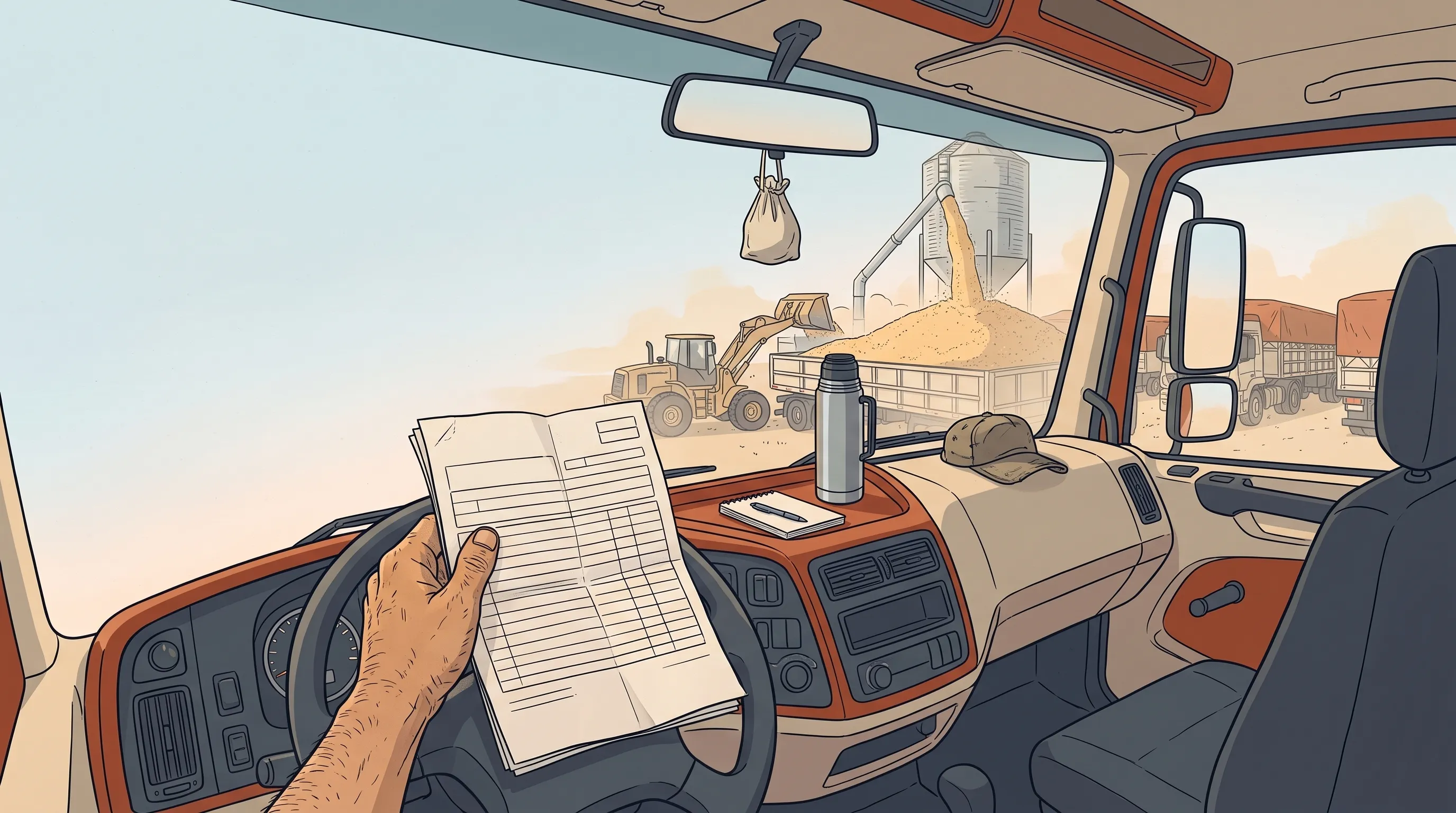 Ilustração do interior da cabine de um caminhão graneleiro: a mão de um motorista segura um papel de frete dobrado sobre o volante; pelo para-brisa, um silo despeja soja numa carreta já carregada acima da borda.