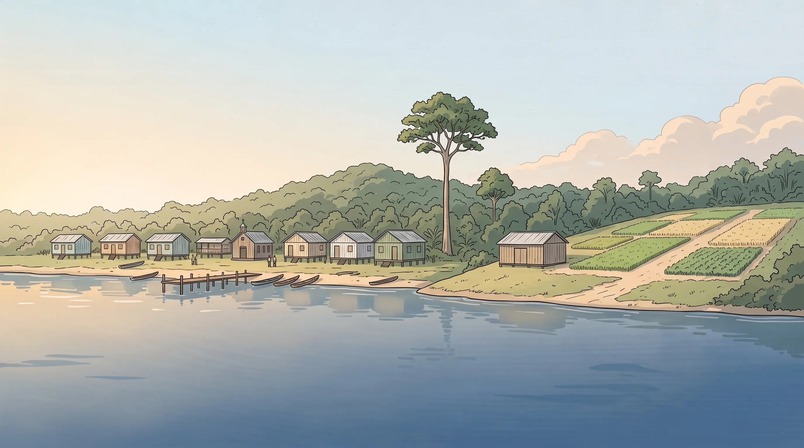 Ilustração da margem de um rio largo da Amazônia vista de um barco: à esquerda, uma fila de casinhas de madeira iguais sobre palafitas, pintadas de cores desbotadas, com canoas na praia, um trapiche e uma capela; à direita, roças de arroz e feijão subindo a encosta ao lado de um armazém de madeira.