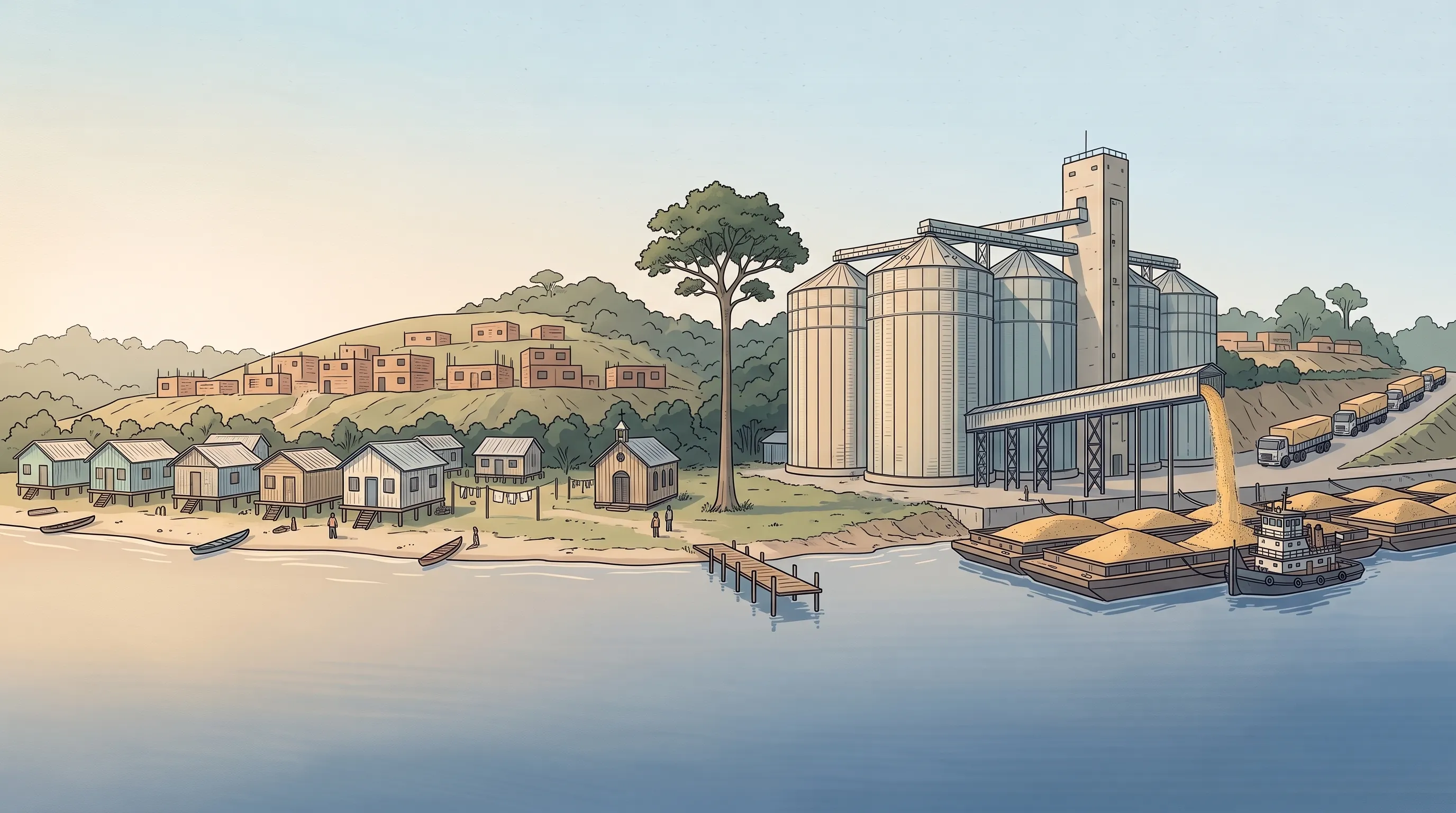 Ilustração da mesma margem de rio vista do mesmo ponto: as casinhas de madeira, a capela, o trapiche e a castanheira continuam lá, mas onde era roça agora há silos gigantes, uma torre de concreto e uma esteira que despeja soja numa barcaça; no morro, casas novas de tijolo.