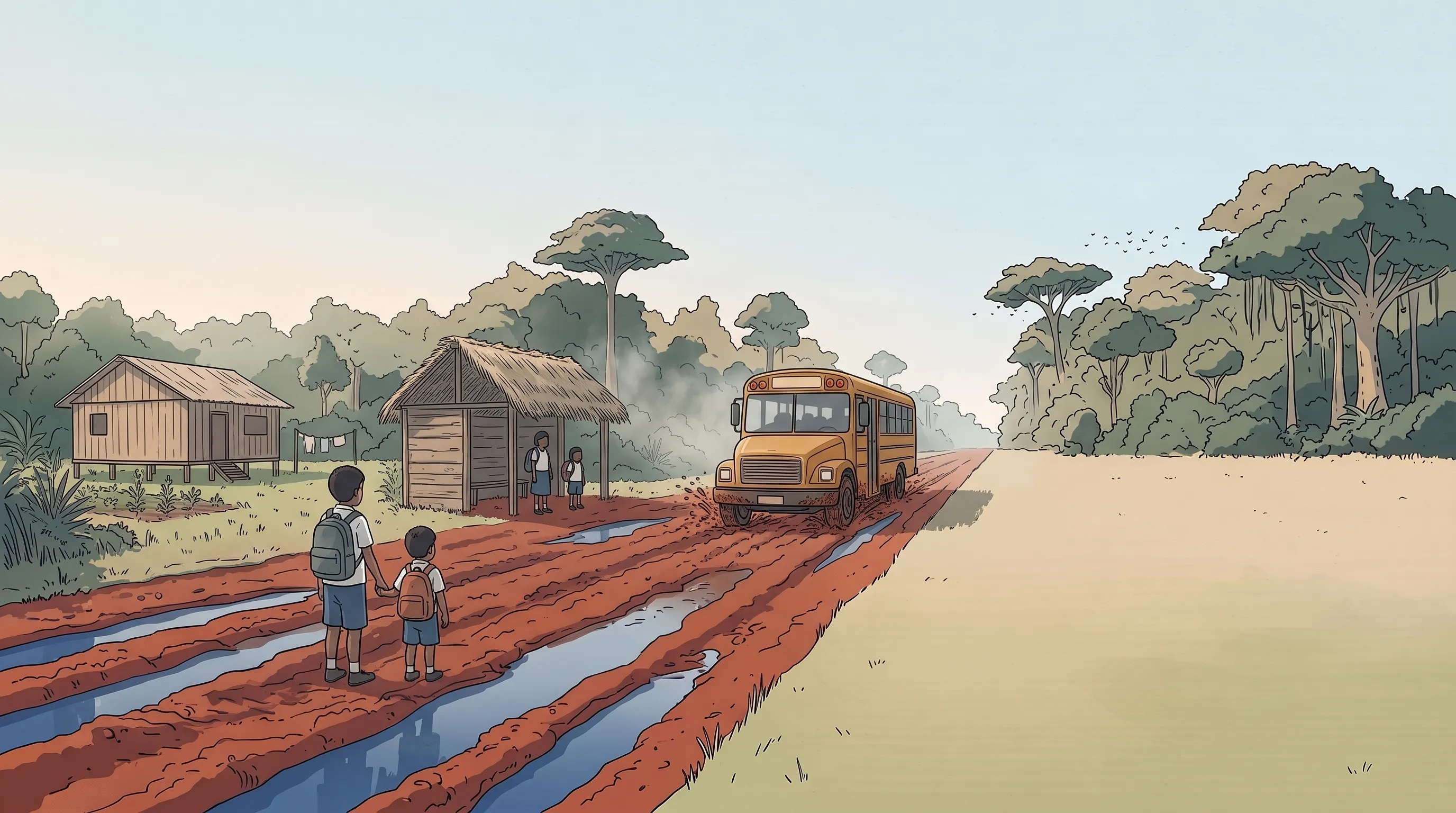 Ilustração de um pequeno ônibus escolar amarelo-ocre avançando pela lama de uma estrada de terra vermelha na floresta, enquanto três crianças de mochila esperam, de costas, num abrigo de tábuas.