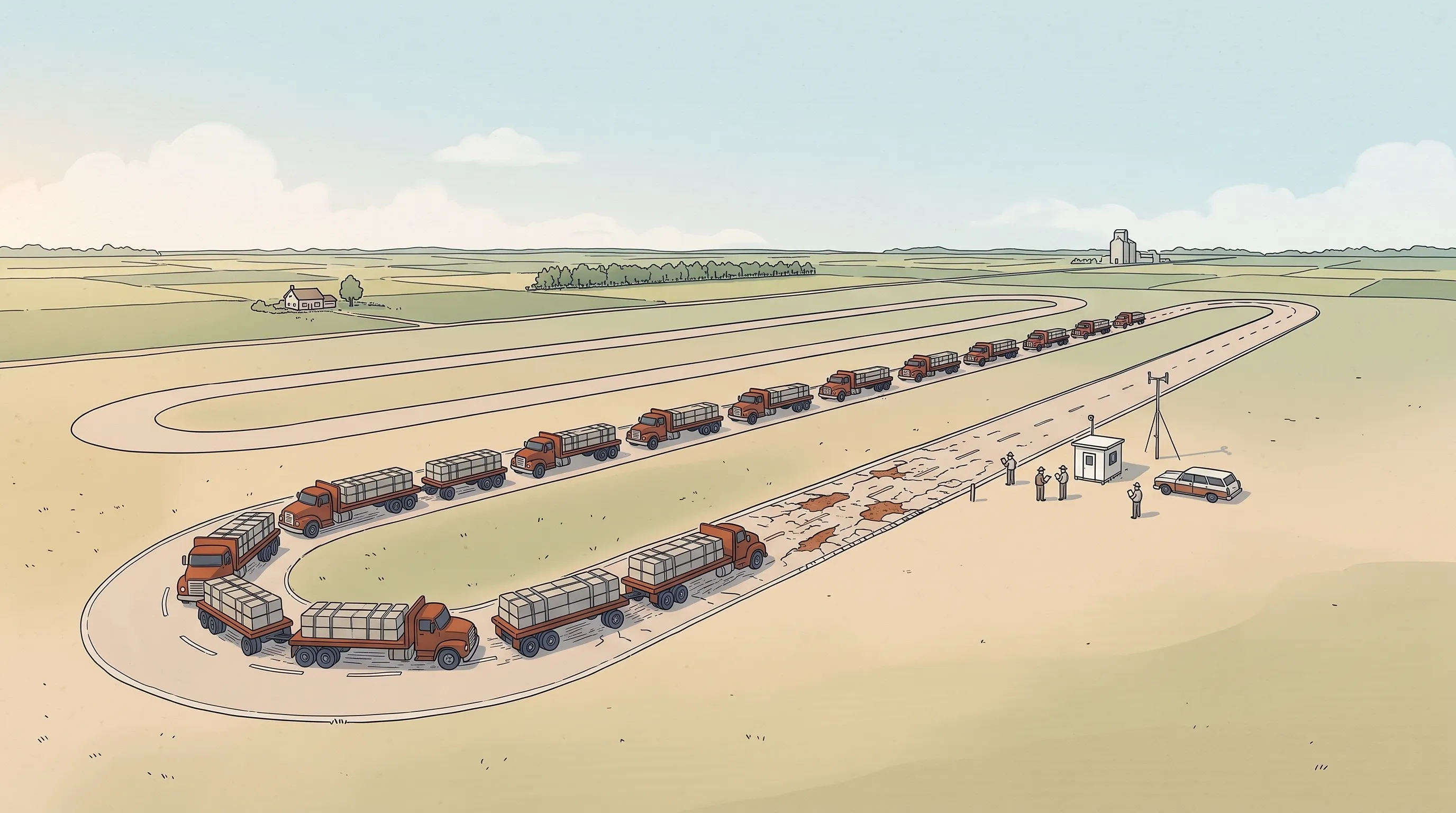 Ilustração de uma enorme pista de testes entre plantações do Meio-Oeste americano, em cores de época: uma fila de caminhões antigos carregados de blocos de concreto roda pela reta, que já se quebra atrás deles, enquanto a pista paralela continua lisa.