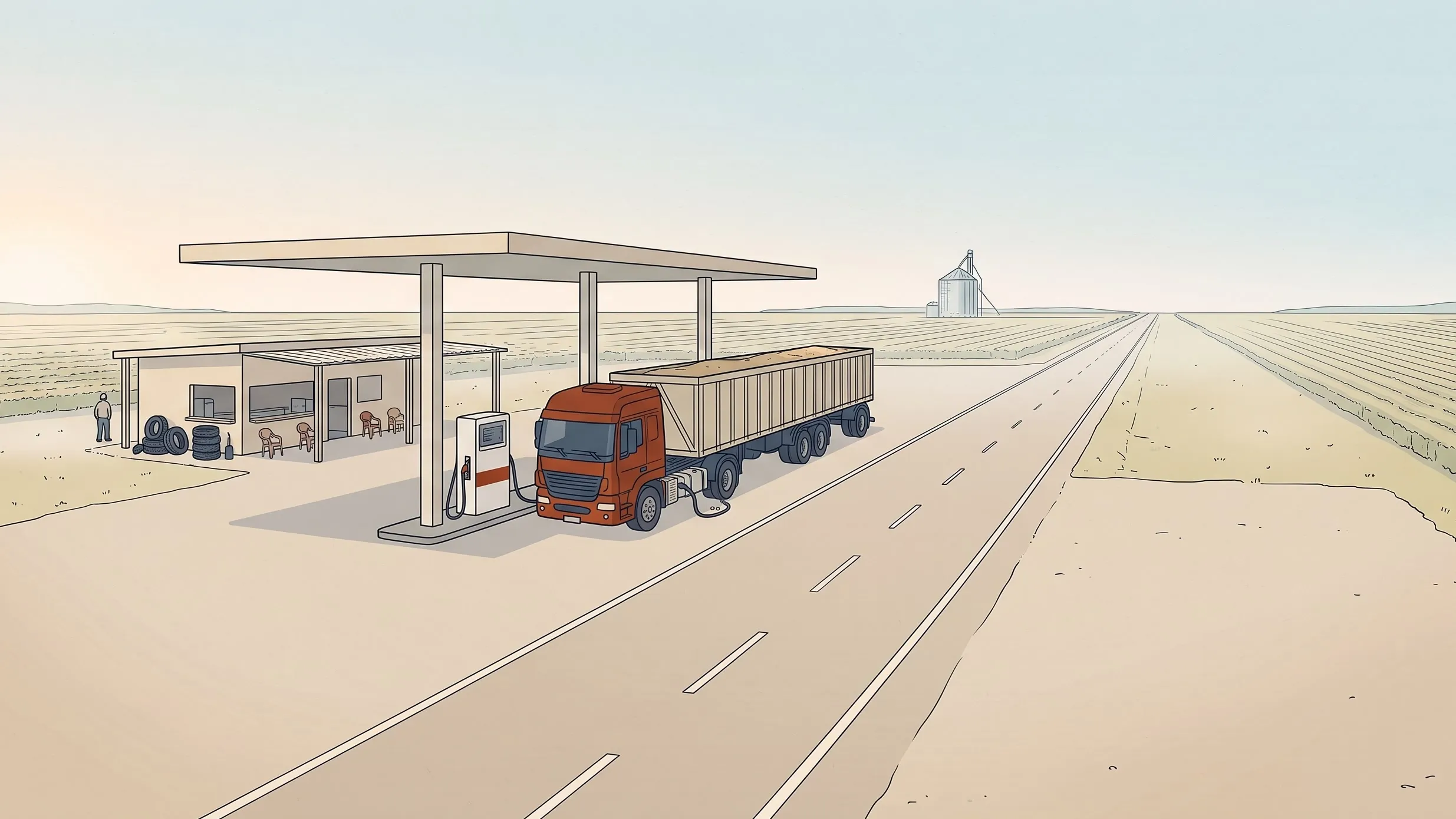 Ilustração de um posto de beira de estrada em Mato Grosso: uma carreta graneleira abastece numa bomba de diesel sob a cobertura, com lavouras de soja dos dois lados da rodovia.