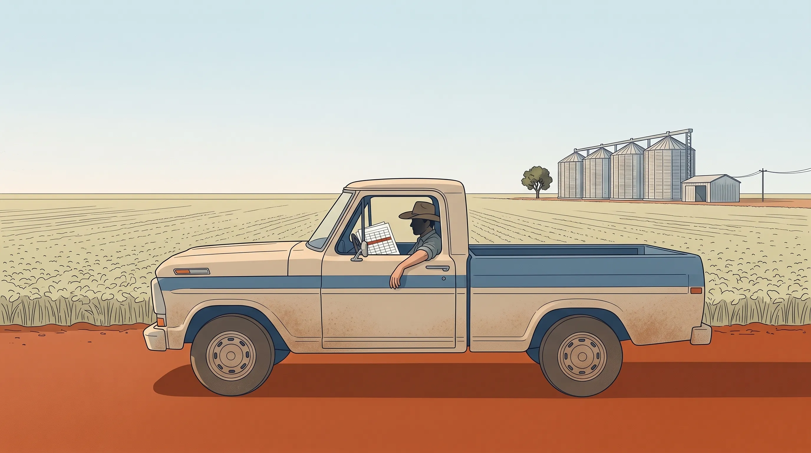 Ilustração de um produtor dentro de uma caminhonete azul e bege, numa estrada de terra vermelha, olhando uma planilha; ao fundo, lavoura e silos.