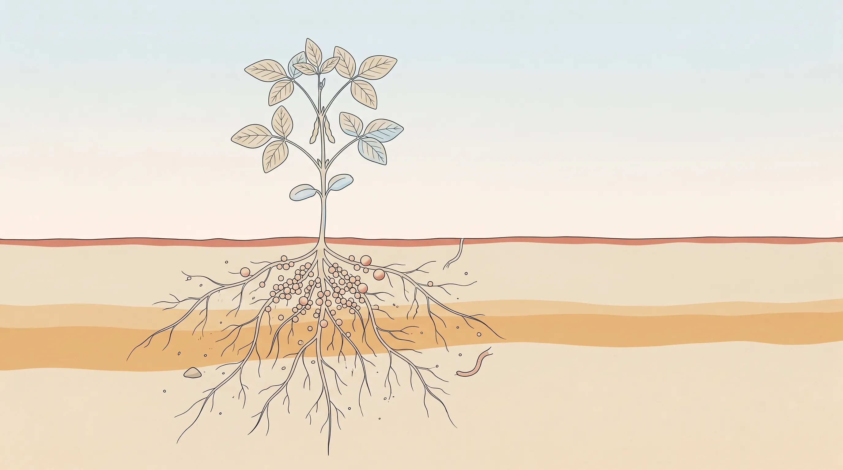 Ilustração em corte de um pé de soja: acima da terra, as folhas; abaixo, as raízes cheias de pequenos nódulos.