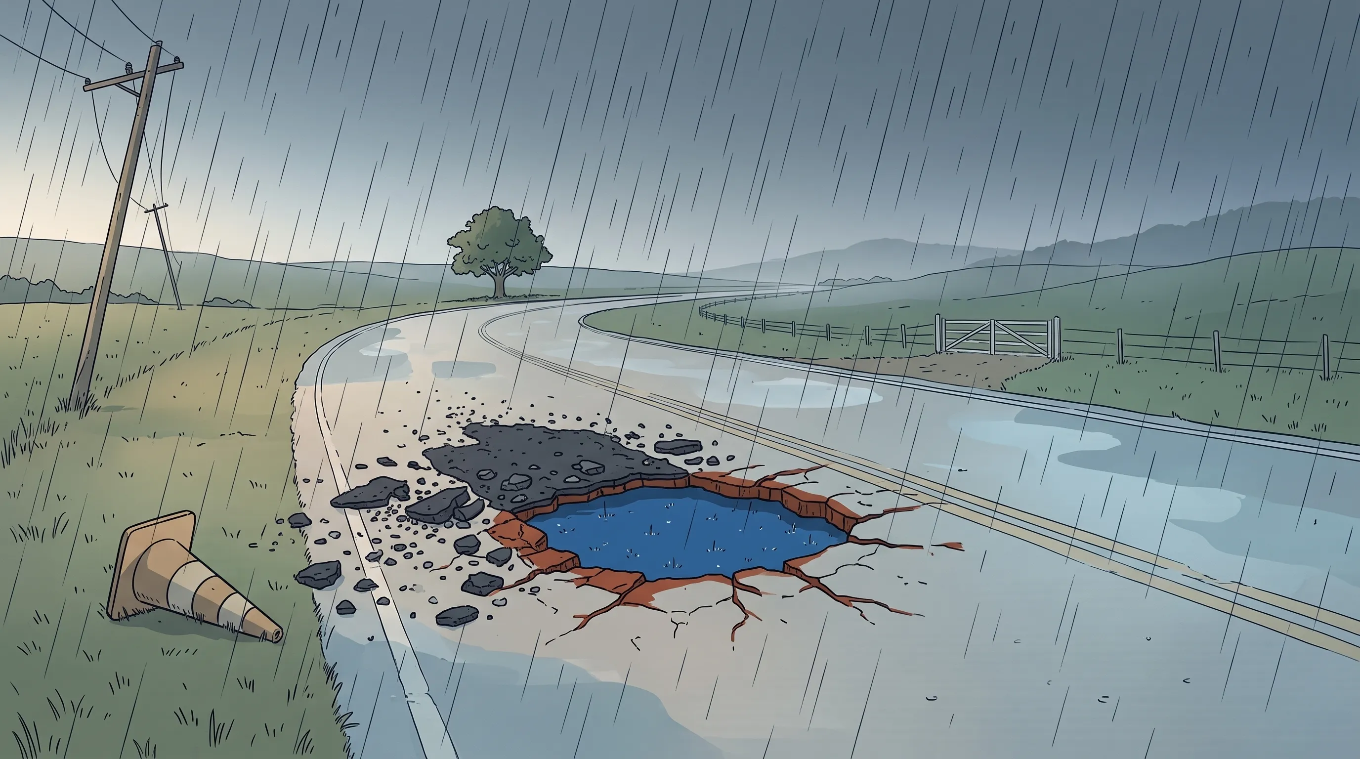Ilustração de uma rodovia rural em curva sob chuva forte: no meio da pista, o remendo de asfalto se desfez em pedaços soltos, e o buraco aberto de novo está cheio de água; um cone caído na beira.