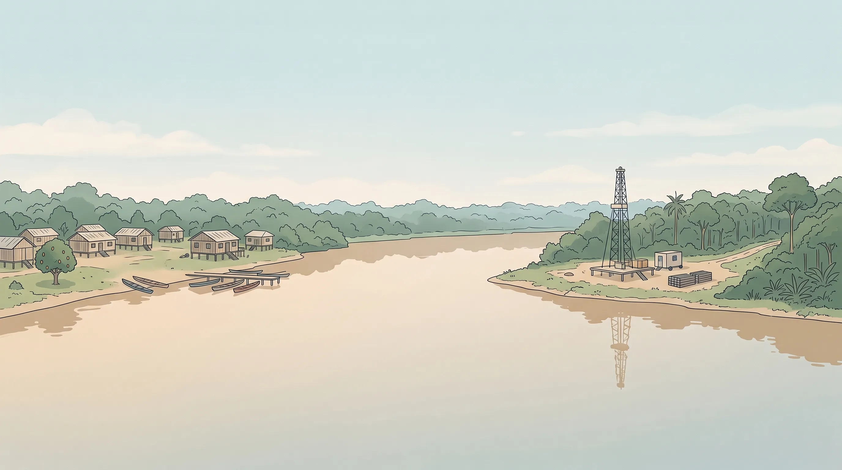Ilustração de um rio largo da Amazônia: casas de uma aldeia na margem esquerda e, na margem direita, uma torre de sondagem entre as árvores.
