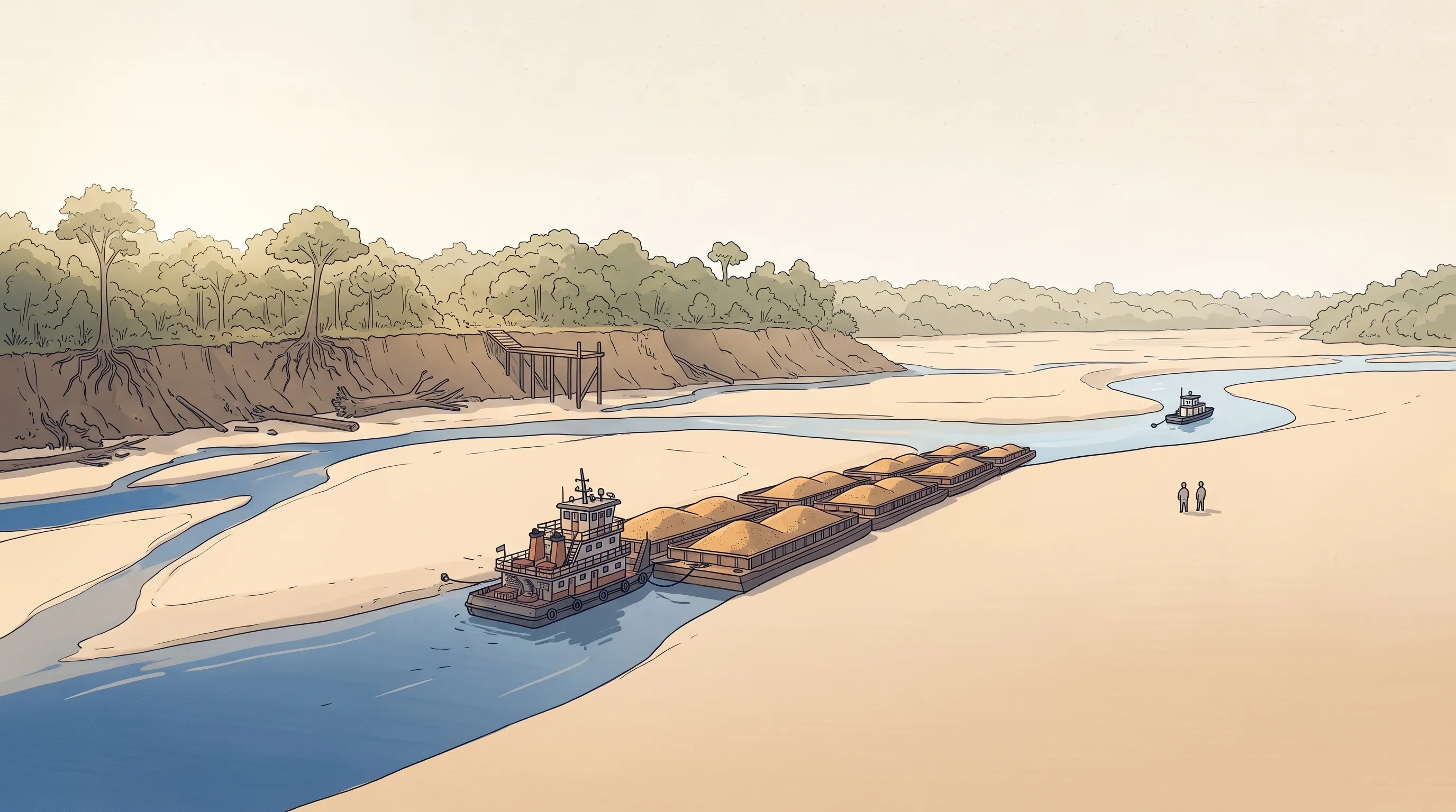 Ilustração de um rio largo da Amazônia na seca: bancos de areia enormes saem do leito, a água vira canais estreitos, e um comboio de barcaças cheias de soja está parado e inclinado contra a areia; no barranco alto, a marca escura de onde a água chegava.