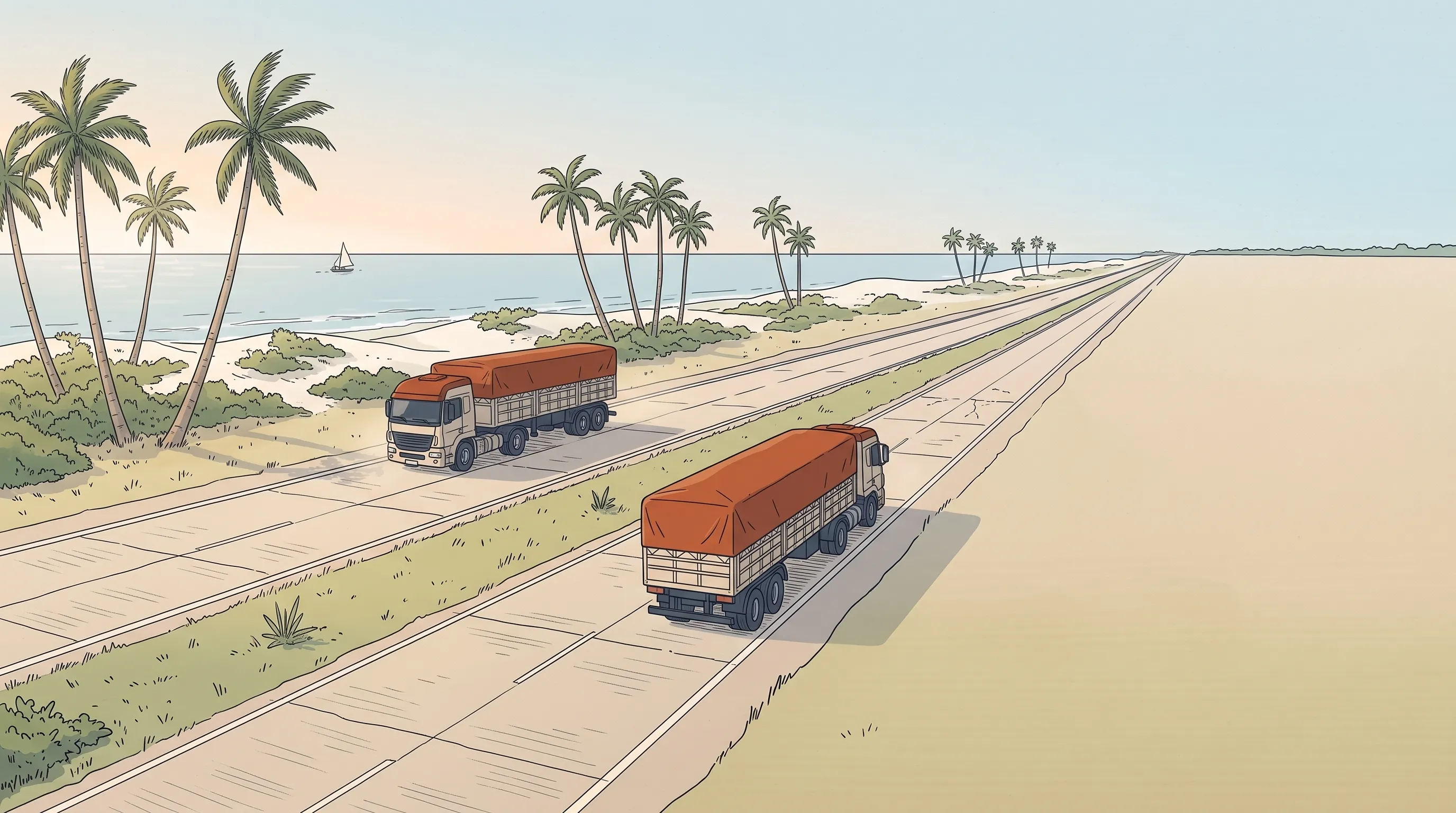 Ilustração de uma rodovia de concreto duplicada no litoral do Nordeste, com placas claras e juntas bem marcadas, duas carretas de grãos, coqueiros, dunas e o mar ao fundo; lá longe, algumas placas antigas mostram trincas finas.