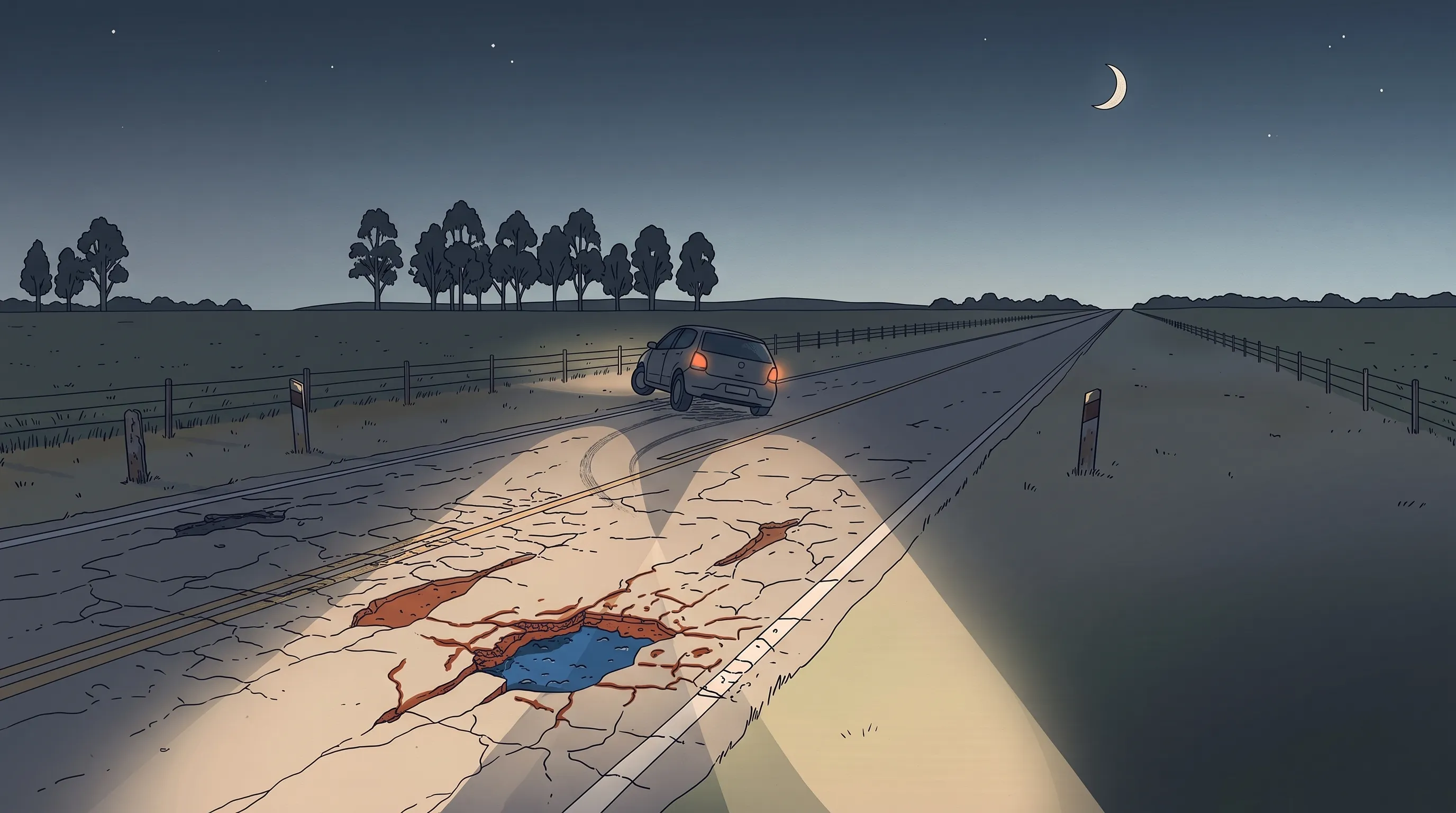 Ilustração de uma rodovia rural à noite, sem iluminação, vista da altura do capô: à frente, um carro desvia de repente para a outra pista e, na borda do facho dos faróis, aparece um buraco fundo com água escura.
