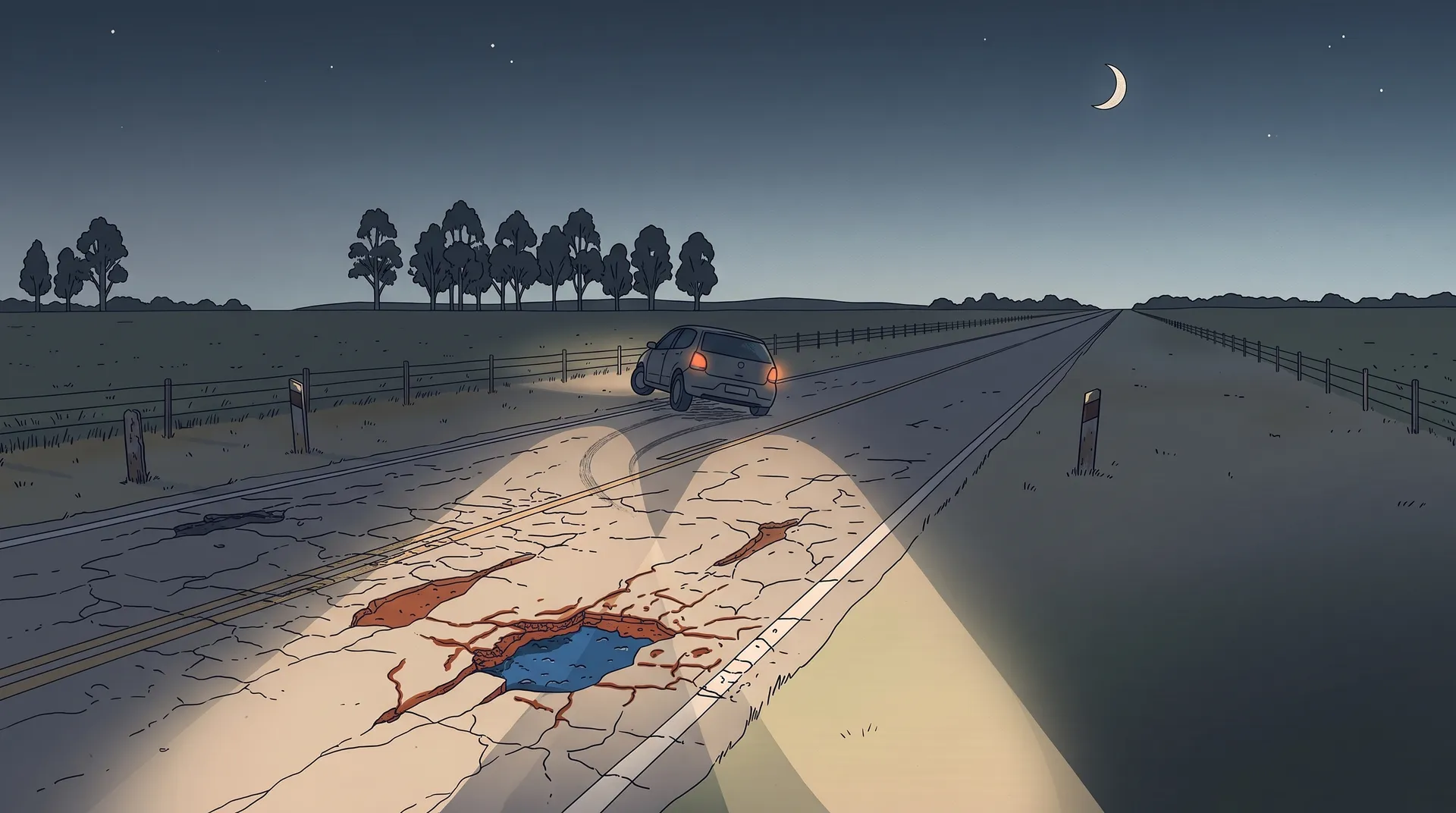 Ilustração de uma rodovia rural à noite, sem iluminação, vista da altura do capô: à frente, um carro desvia de repente para a outra pista e, na borda do facho dos faróis, aparece um buraco fundo com água escura.