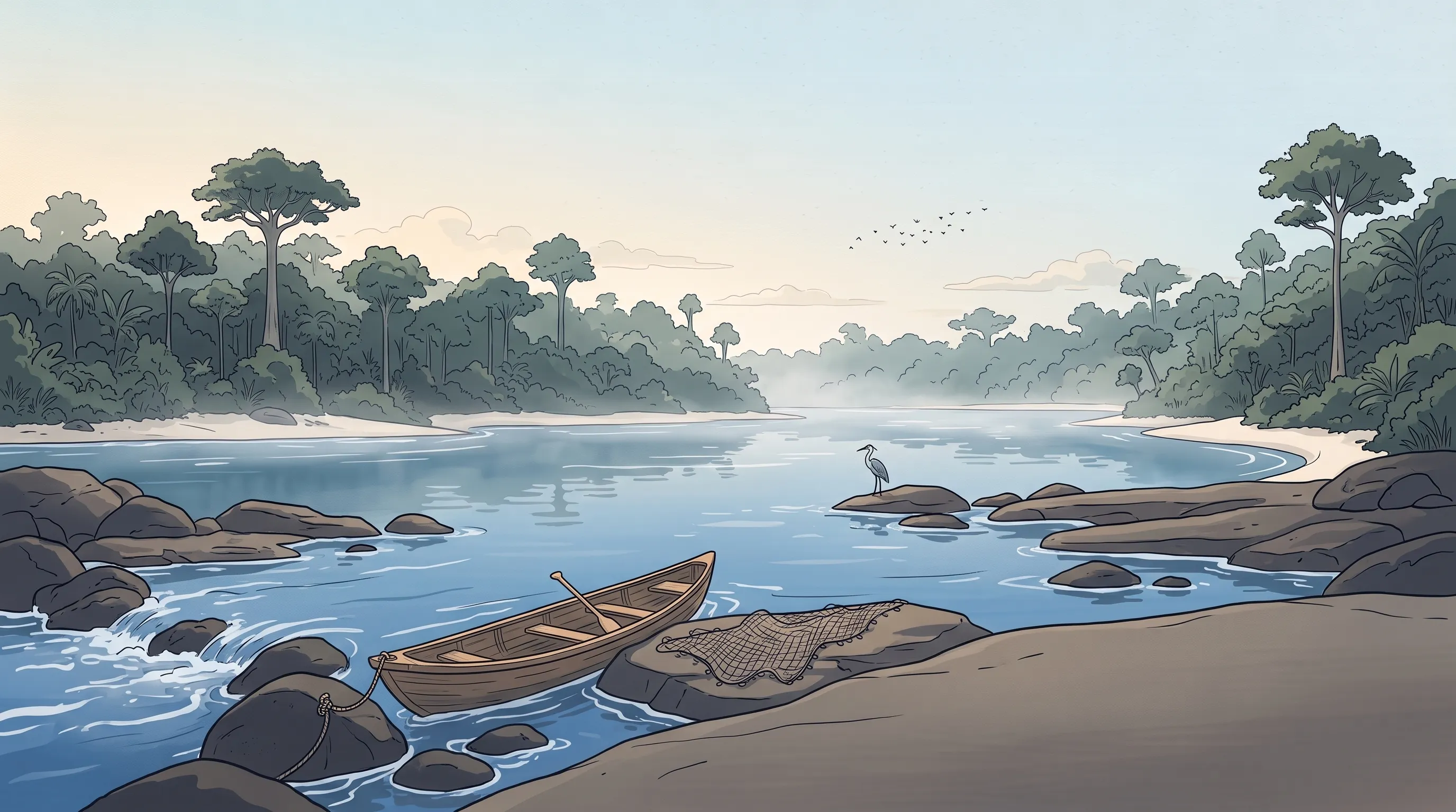 Ilustração de um rio largo e claro da Amazônia de manhã cedo, visto de pedras escuras na beira: uma canoa de madeira vazia amarrada a uma pedra, com o remo atravessado e uma rede de pesca secando ao lado; praias brancas e floresta alta na outra margem.