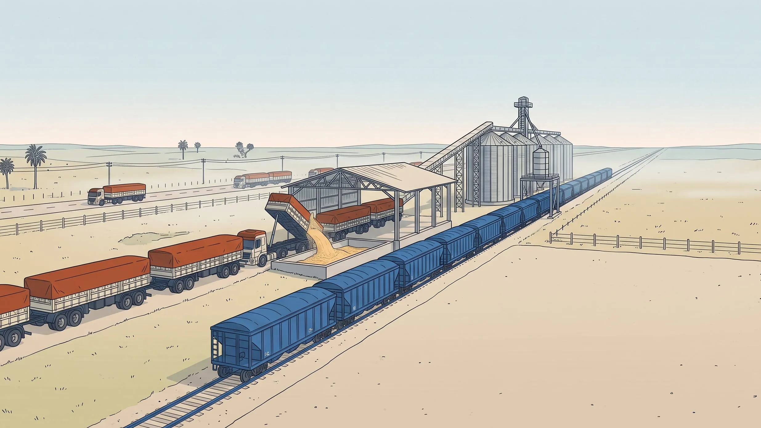 Ilustração de um terminal de grãos no planalto de Mato Grosso: uma carreta despeja soja no poço de recepção, ao lado de um trem de vagões azuis, enquanto outros caminhões seguem pela rodovia sem entrar.