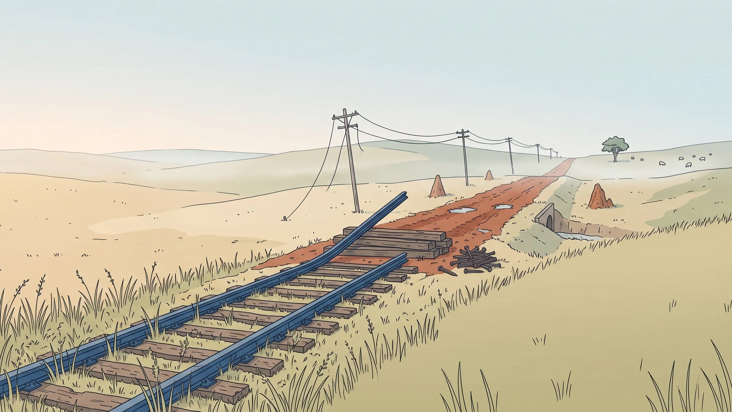 Ilustração de uma linha de trem antiga tomada pelo capim: os trilhos acabam, o último dobrado para cima, e o mesmo leito segue como uma estrada de terra esburacada pelos morros.